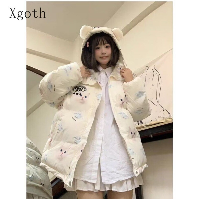 Dámske plyšové parky s kapucňou a mačacími ušami, zapínanie na gombík a zips, sladké módne prešívané kabáty na zníženie veku