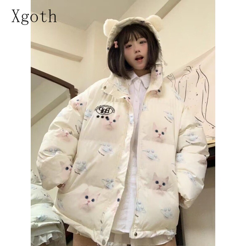 Dámske plyšové parky s kapucňou a mačacími ušami, zapínanie na gombík a zips, sladké módne prešívané kabáty na zníženie veku