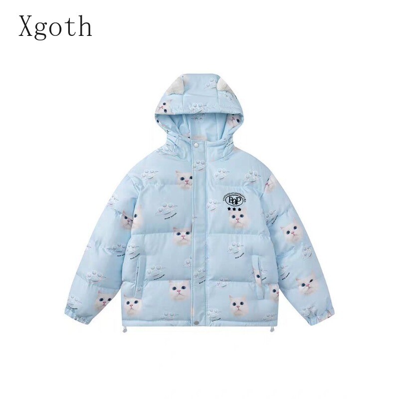 Dámske plyšové parky s kapucňou a mačacími ušami, zapínanie na gombík a zips, sladké módne prešívané kabáty na zníženie veku