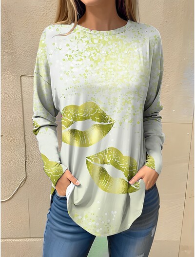 Moteriški abstrakčiai marškinėliai Meno dizaino akių/lūpų atspaudai ilgomis rankovėmis, kasdienis savaitgalio mados apvaliu kaklu, reguliaraus prigludimo piešimas pavasarį/rudenį