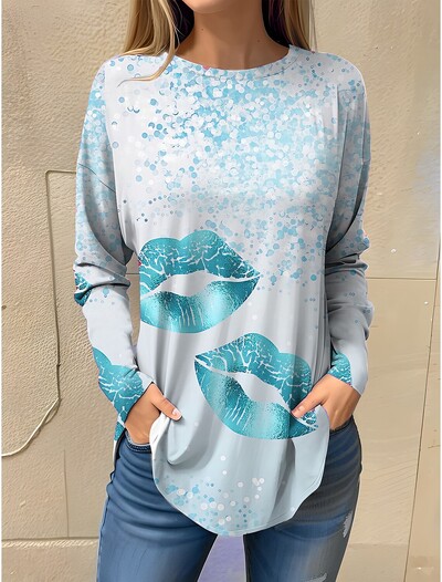 Moteriški abstrakčiai marškinėliai Meno dizaino akių/lūpų atspaudai ilgomis rankovėmis, kasdienis savaitgalio mados apvaliu kaklu, reguliaraus prigludimo piešimas pavasarį/rudenį
