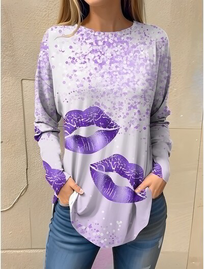 Moteriški abstrakčiai marškinėliai Meno dizaino akių/lūpų atspaudai ilgomis rankovėmis, kasdienis savaitgalio mados apvaliu kaklu, reguliaraus prigludimo piešimas pavasarį/rudenį