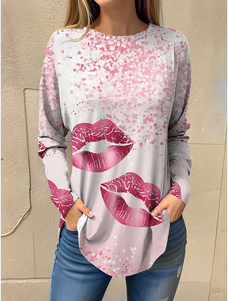 Moteriški abstrakčiai marškinėliai Meno dizaino akių/lūpų atspaudai ilgomis rankovėmis, kasdienis savaitgalio mados apvaliu kaklu, reguliaraus prigludimo piešimas pavasarį/rudenį