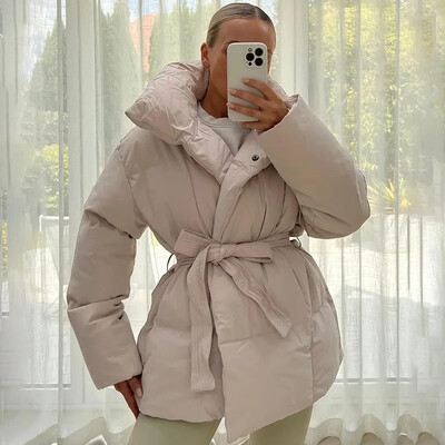 Malina žieminė stora apykaklė Parkas Moteriški madingi kaklaraištis juosmens paltai moteriški elegantiški tvirti trumpi paminkštinti švarkai, moteriški