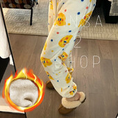 Sūrio spausdinimas Šiltos pižamos kelnės Moteriškos kasdienės namų kelnės Žieminės miegui skirtos kelnės Mergaitėms Mieli animaciniai filmukai Namų drabužiai Y2K laisvos kelnės