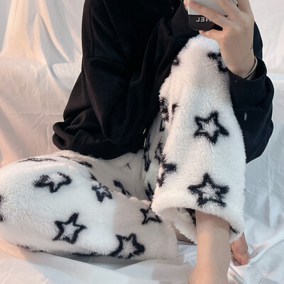 Sūrio spausdinimas Šiltos pižamos kelnės Moteriškos kasdienės namų kelnės Žieminės miegui skirtos kelnės Mergaitėms Mieli animaciniai filmukai Namų drabužiai Y2K laisvos kelnės