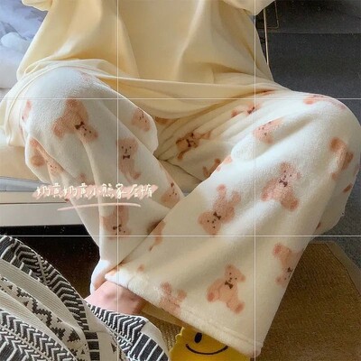 Sūrio spausdinimas Šiltos pižamos kelnės Moteriškos kasdienės namų kelnės Žieminės miegui skirtos kelnės Mergaitėms Mieli animaciniai filmukai Namų drabužiai Y2K laisvos kelnės