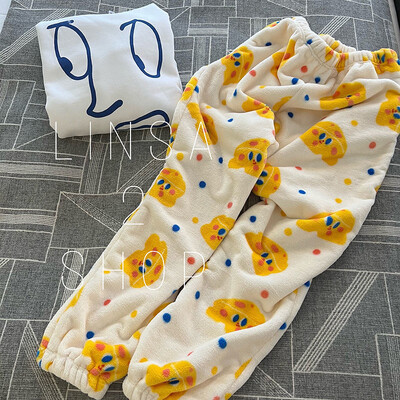 Sūrio spausdinimas Šiltos pižamos kelnės Moteriškos kasdienės namų kelnės Žieminės miegui skirtos kelnės Mergaitėms Mieli animaciniai filmukai Namų drabužiai Y2K laisvos kelnės