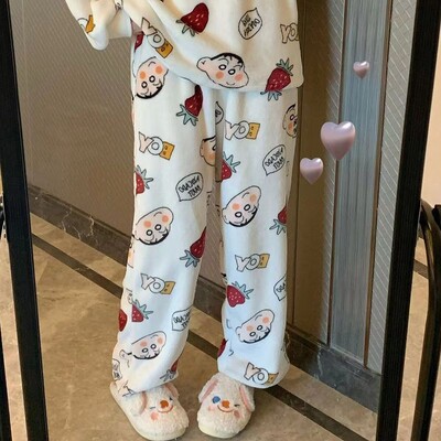 Sūrio spausdinimas Šiltos pižamos kelnės Moteriškos kasdienės namų kelnės Žieminės miegui skirtos kelnės Mergaitėms Mieli animaciniai filmukai Namų drabužiai Y2K laisvos kelnės
