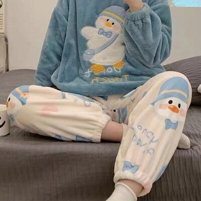 Sūrio spausdinimas Šiltos pižamos kelnės Moteriškos kasdienės namų kelnės Žieminės miegui skirtos kelnės Mergaitėms Mieli animaciniai filmukai Namų drabužiai Y2K laisvos kelnės