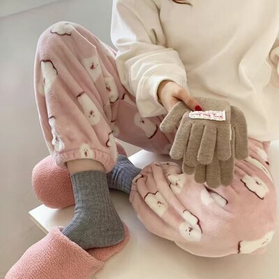 Sūrio spausdinimas Šiltos pižamos kelnės Moteriškos kasdienės namų kelnės Žieminės miegui skirtos kelnės Mergaitėms Mieli animaciniai filmukai Namų drabužiai Y2K laisvos kelnės