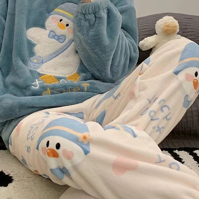 Sūrio spausdinimas Šiltos pižamos kelnės Moteriškos kasdienės namų kelnės Žieminės miegui skirtos kelnės Mergaitėms Mieli animaciniai filmukai Namų drabužiai Y2K laisvos kelnės