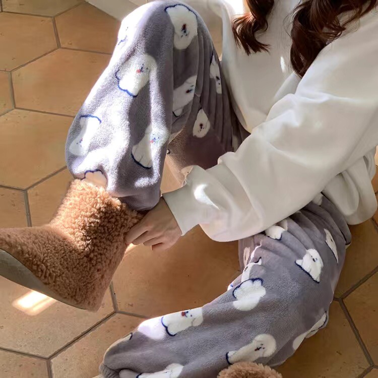 Sūrio spausdinimas Šiltos pižamos kelnės Moteriškos kasdienės namų kelnės Žieminės miegui skirtos kelnės Mergaitėms Mieli animaciniai filmukai Namų drabužiai Y2K laisvos kelnės