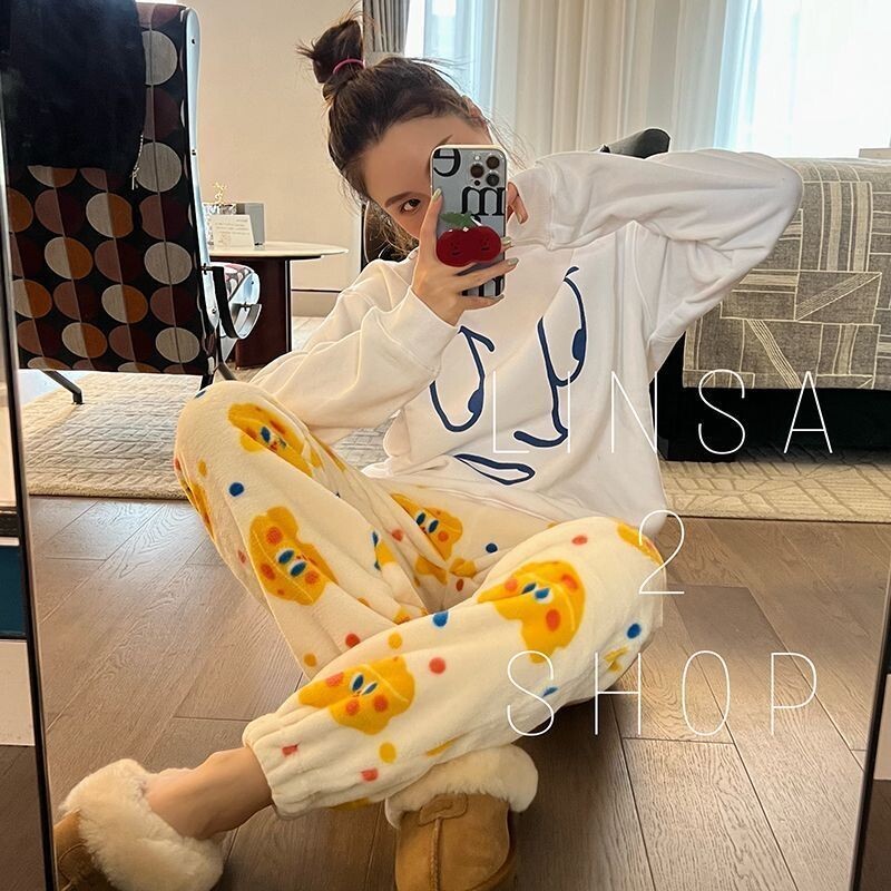 Sūrio spausdinimas Šiltos pižamos kelnės Moteriškos kasdienės namų kelnės Žieminės miegui skirtos kelnės Mergaitėms Mieli animaciniai filmukai Namų drabužiai Y2K laisvos kelnės