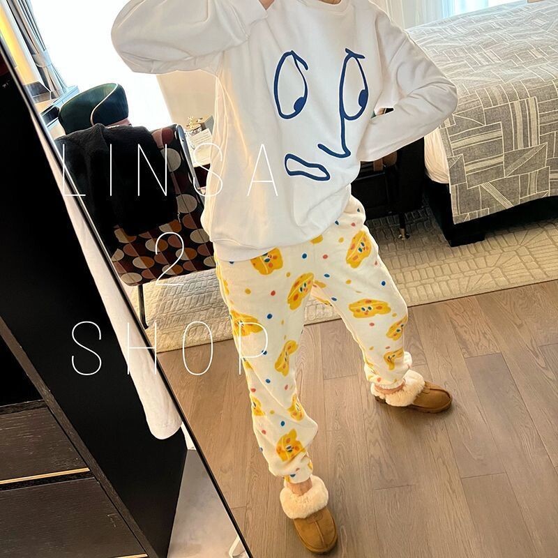 Sūrio spausdinimas Šiltos pižamos kelnės Moteriškos kasdienės namų kelnės Žieminės miegui skirtos kelnės Mergaitėms Mieli animaciniai filmukai Namų drabužiai Y2K laisvos kelnės