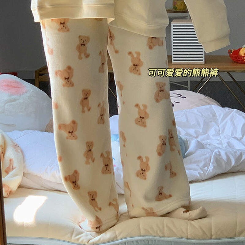 Sūrio spausdinimas Šiltos pižamos kelnės Moteriškos kasdienės namų kelnės Žieminės miegui skirtos kelnės Mergaitėms Mieli animaciniai filmukai Namų drabužiai Y2K laisvos kelnės