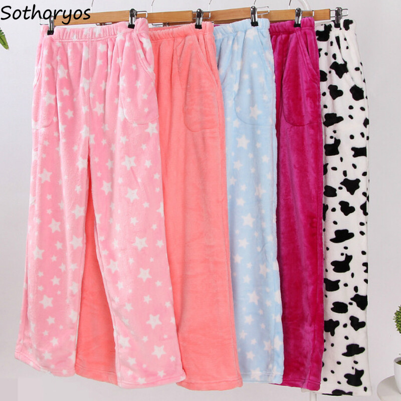 Női flanel alvó alsónadrág Téli meleg pizsama nadrág Rózsaszín mintás nadrág Női hálóruha Alkalmi puha otthoni nadrág Hálóruha