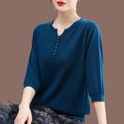 Koreai divat női nagy méretű kötött póló női ruházat tavaszi nyár 3/4 ujjú pulóver pólók laza alkalmi tömör vintage felső