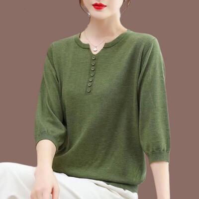 Koreai divat női nagy méretű kötött póló női ruházat tavaszi nyár 3/4 ujjú pulóver pólók laza alkalmi tömör vintage felső