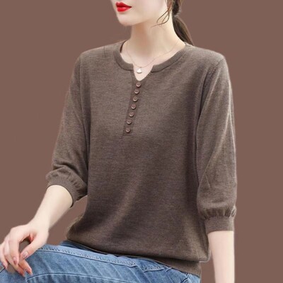 Koreai divat női nagy méretű kötött póló női ruházat tavaszi nyár 3/4 ujjú pulóver pólók laza alkalmi tömör vintage felső