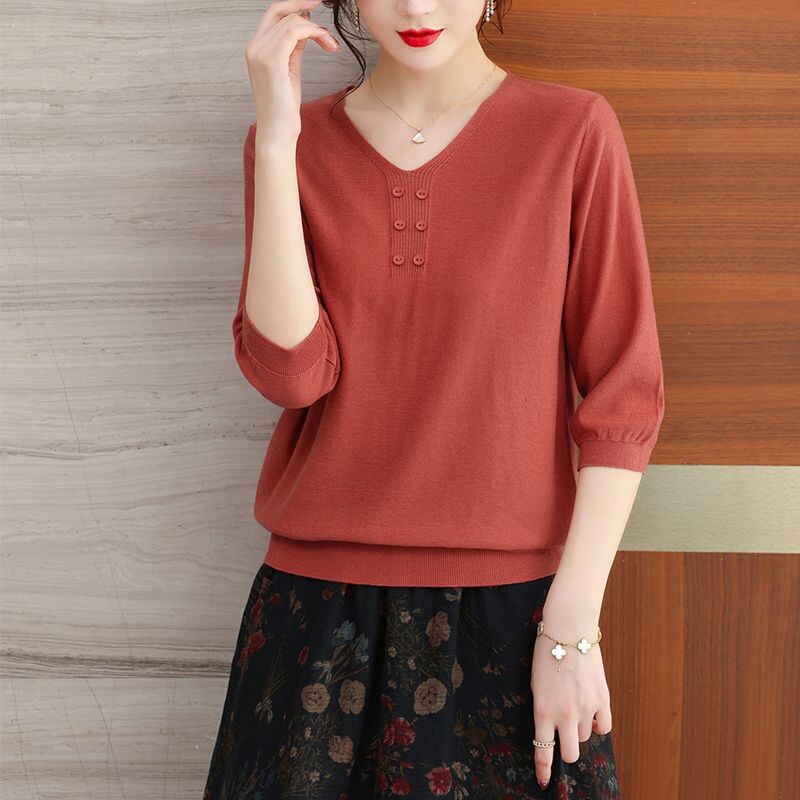 Pletena majica kratkih rukava velika ženska korejska modna ljetna nova ženska odjeća s pola rukava s V-izrezom, jednobojni vintage pulover