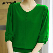 Moteriški rūbai Paprasti laisvalaikio vienspalviai laisvi Elegantiški pagrindiniai ploni trikotažiniai marškinėliai Vasariniai marškinėliai su V kaklu, trijų ketvirčių rankovių megztiniai, moteriški