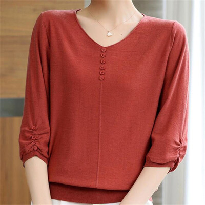 Moteriški rūbai Paprasti laisvalaikio vienspalviai laisvi Elegantiški pagrindiniai ploni trikotažiniai marškinėliai Vasariniai marškinėliai su V kaklu, trijų ketvirčių rankovių megztiniai, moteriški