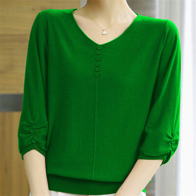 Moteriški rūbai Paprasti laisvalaikio vienspalviai laisvi Elegantiški pagrindiniai ploni trikotažiniai marškinėliai Vasariniai marškinėliai su V kaklu, trijų ketvirčių rankovių megztiniai, moteriški