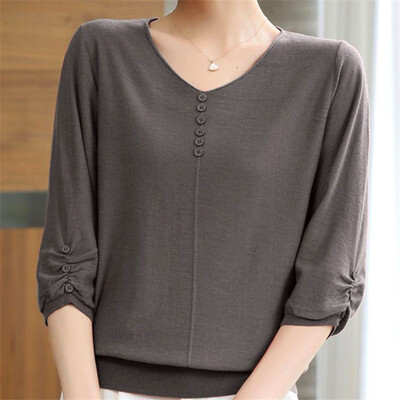 Moteriški rūbai Paprasti laisvalaikio vienspalviai laisvi Elegantiški pagrindiniai ploni trikotažiniai marškinėliai Vasariniai marškinėliai su V kaklu, trijų ketvirčių rankovių megztiniai, moteriški