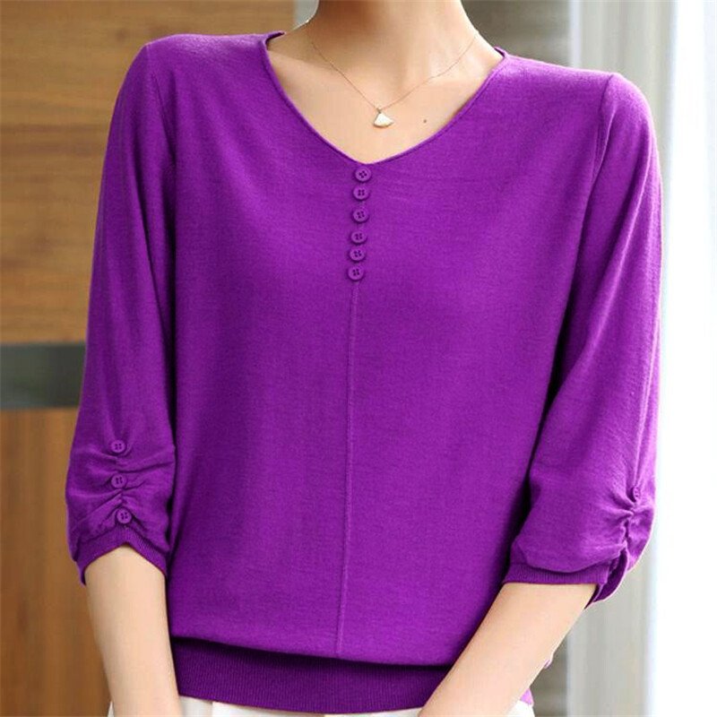 Moteriški rūbai Paprasti laisvalaikio vienspalviai laisvi Elegantiški pagrindiniai ploni trikotažiniai marškinėliai Vasariniai marškinėliai su V kaklu, trijų ketvirčių rankovių megztiniai, moteriški