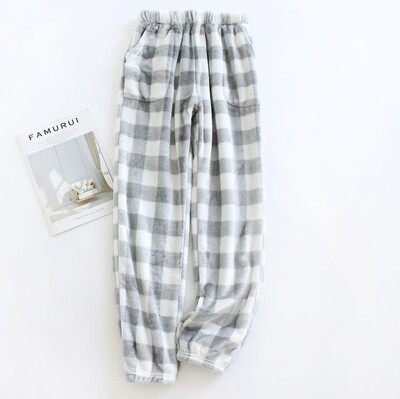 Kényelmes téli, vastag kockás férfi flanel pizsama nadrág, magas derekú, laza alkalmi, egyenes nagy méretű polár meleg otthoni nadrág