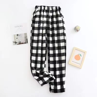 Kényelmes téli, vastag kockás férfi flanel pizsama nadrág, magas derekú, laza alkalmi, egyenes nagy méretű polár meleg otthoni nadrág