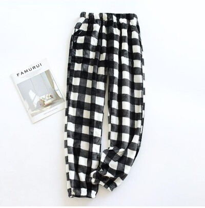 Kényelmes téli, vastag kockás férfi flanel pizsama nadrág, magas derekú, laza alkalmi, egyenes nagy méretű polár meleg otthoni nadrág