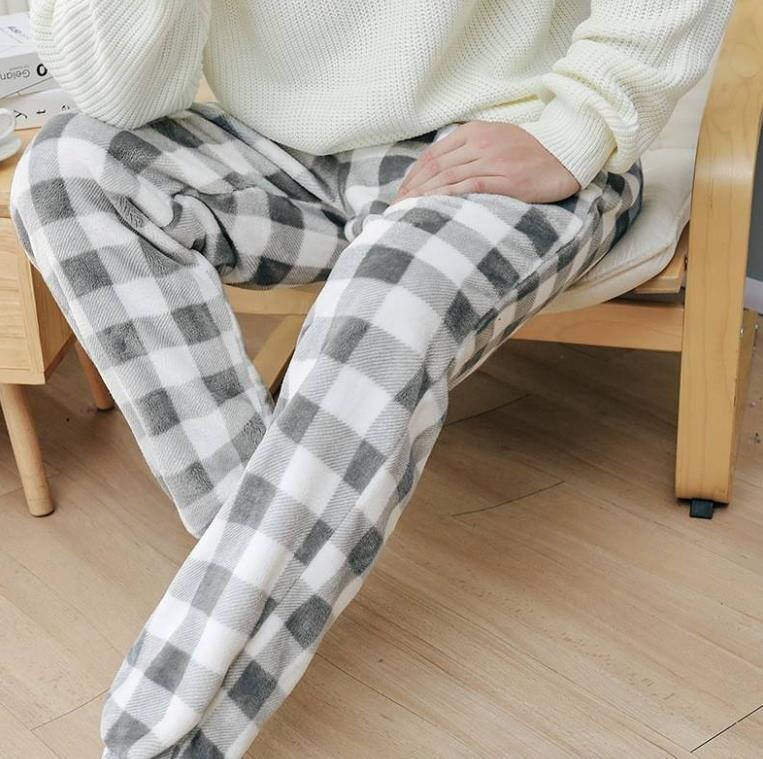 Kényelmes téli, vastag kockás férfi flanel pizsama nadrág, magas derekú, laza alkalmi, egyenes nagy méretű polár meleg otthoni nadrág