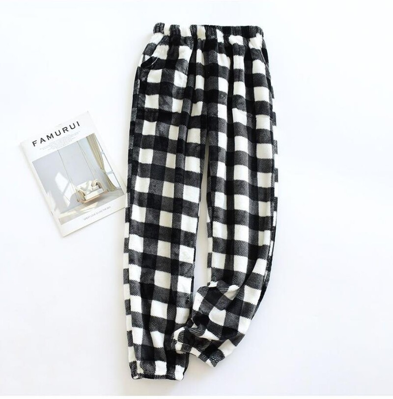 Kényelmes téli, vastag kockás férfi flanel pizsama nadrág, magas derekú, laza alkalmi, egyenes nagy méretű polár meleg otthoni nadrág