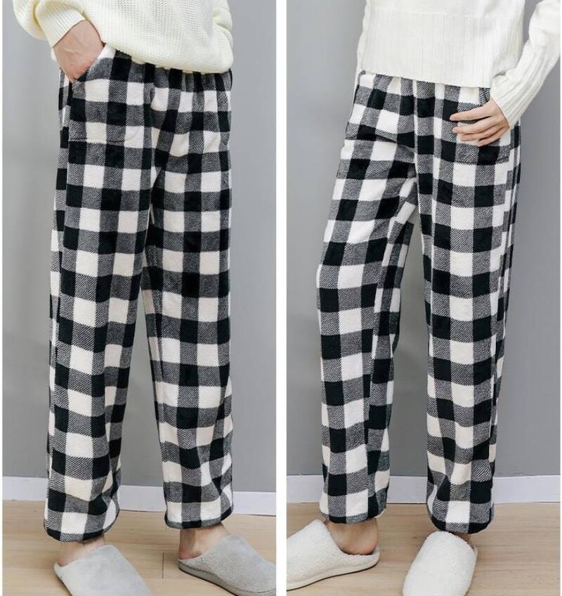 Kényelmes téli, vastag kockás férfi flanel pizsama nadrág, magas derekú, laza alkalmi, egyenes nagy méretű polár meleg otthoni nadrág