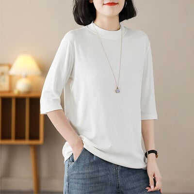 Simplicity solidi plius dydžio marškinėliai Vasariniai pusrankoviai laisvi, universalūs gatvės laisvalaikio viršutiniai viršutiniai drabužiai Vintažinės mados moteriški drabužiai