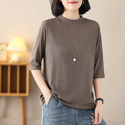 Simplicity solidi plius dydžio marškinėliai Vasariniai pusrankoviai laisvi, universalūs gatvės laisvalaikio viršutiniai viršutiniai drabužiai Vintažinės mados moteriški drabužiai