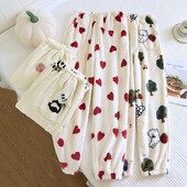 Koralų vilnos kelių spalvų margintos moteriškos miegui skirtos kelnės rudeniui ir žiemai šiltai pastorintos namų drabužių pižamos kelnės