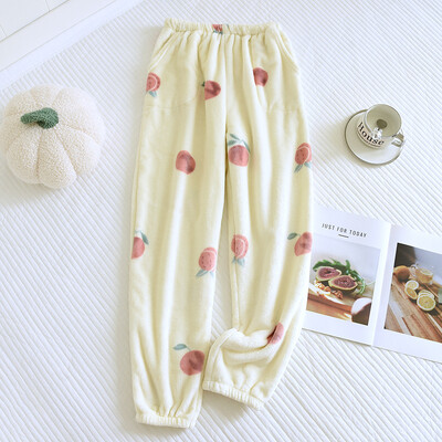 Koralų vilnos kelių spalvų margintos moteriškos miegui skirtos kelnės rudeniui ir žiemai šiltai pastorintos namų drabužių pižamos kelnės