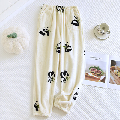 Koralų vilnos kelių spalvų margintos moteriškos miegui skirtos kelnės rudeniui ir žiemai šiltai pastorintos namų drabužių pižamos kelnės