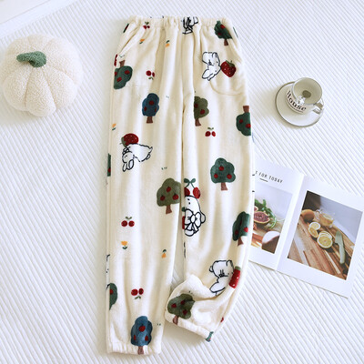 Koralų vilnos kelių spalvų margintos moteriškos miegui skirtos kelnės rudeniui ir žiemai šiltai pastorintos namų drabužių pižamos kelnės