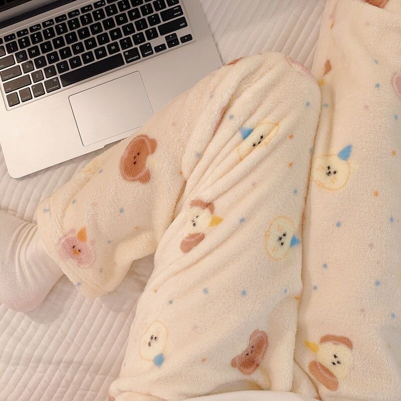 Dámske pyžamové nohavice s potlačou kawaii s kreslenými postavičkami, teplé, nadýchané pyžamové nohavice Y2K, flanelové, domáce oblečenie na spanie