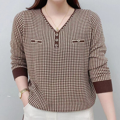 V-nyakú nyomtatott alkalmi hosszú ujjú póló női ruházat tavaszi új, divatos, összefűzött, laza pulóverek női felsők