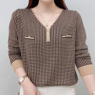 V-nyakú nyomtatott alkalmi hosszú ujjú póló női ruházat tavaszi új, divatos, összefűzött, laza pulóverek női felsők