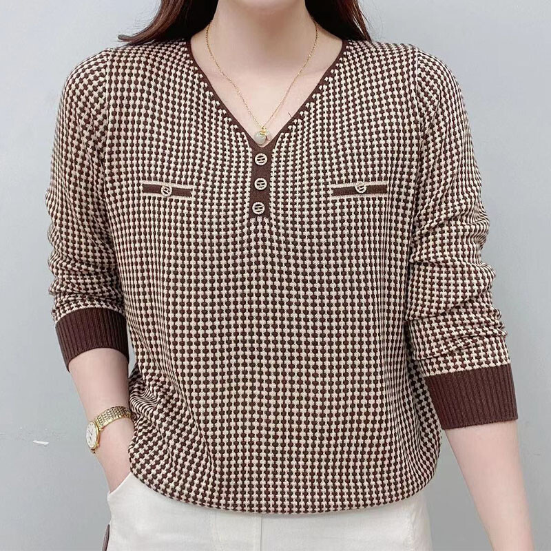 V-nyakú nyomtatott alkalmi hosszú ujjú póló női ruházat tavaszi új, divatos, összefűzött, laza pulóverek női felsők