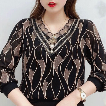 Офис дама Fashion Wave Printed Leaf T-shirt Lace Spliced Embroidery Chic Pearl Tridimensional Decoration Пуловери с V-образно деколте