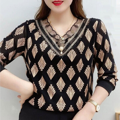 Office Lady Fashion Wave nyomott leveles póló Csipke toldott hímzés Chic Pearl háromdimenziós dekoráció V-nyakú pulóverek