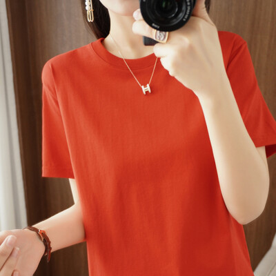 2024 Női pólók O-nyakú tömör rövid ujjú póló Bő tavaszi nyár női felsők Pamut női pólók Alkalmi női póló