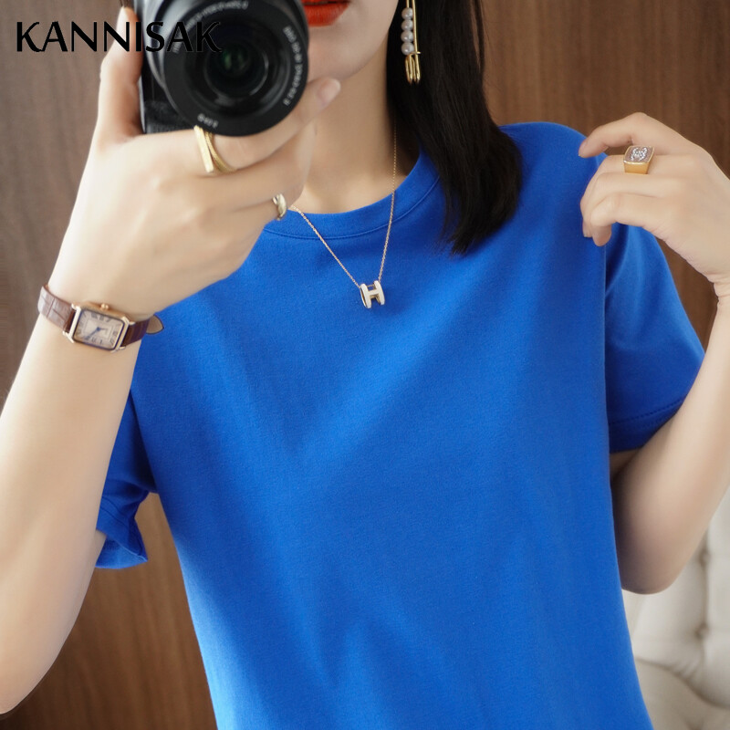 2024 Női pólók O-nyakú tömör rövid ujjú póló Bő tavaszi nyár női felsők Pamut női pólók Alkalmi női póló